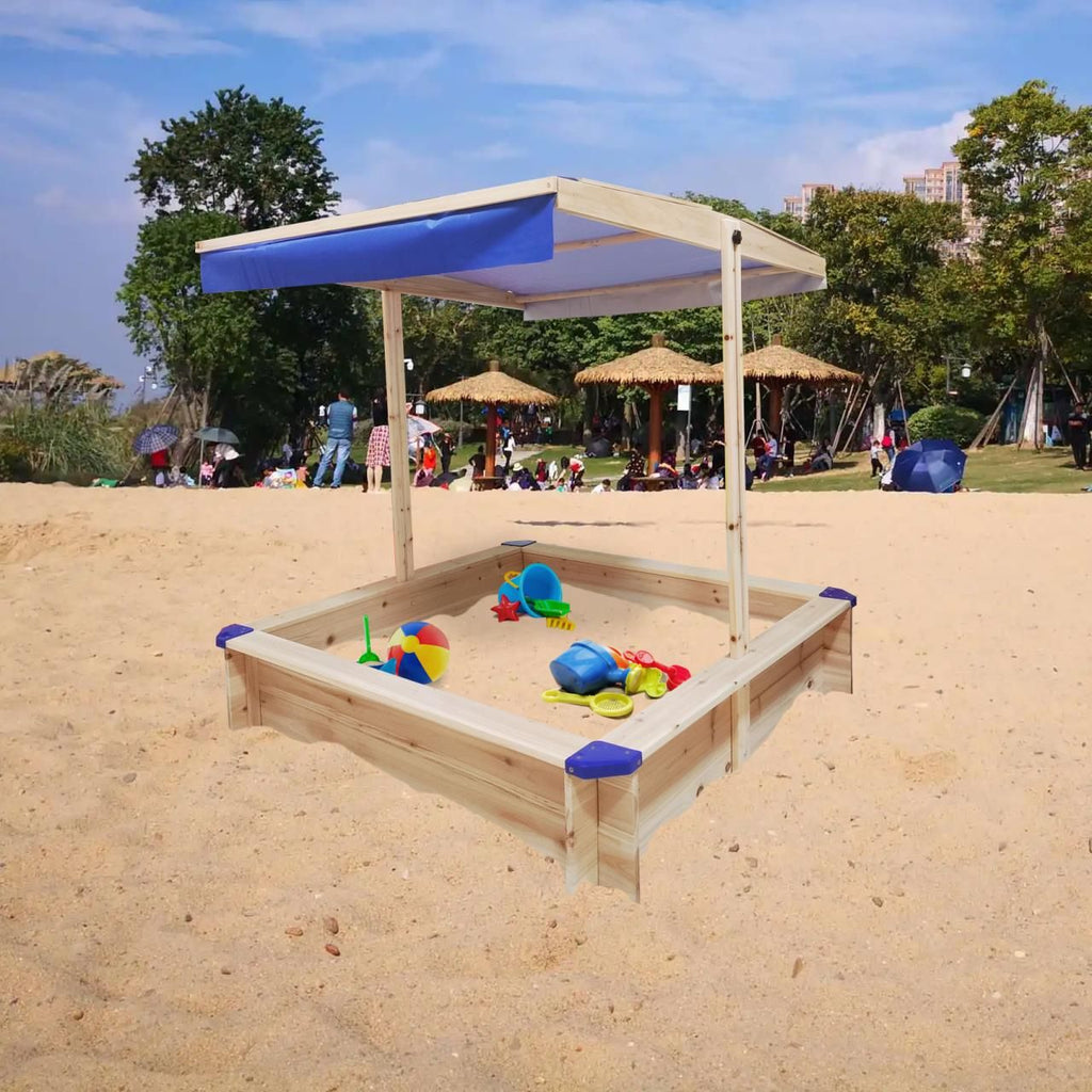 Yeah Depot - Children's Wooden Sandbox with Adjustable Canopy, Sandpit with Covers Kids Wood Playset Outdoor Backyard - Upgrade Retractable,45.3''L x 45.3''W x 46.5''H,Golden Red