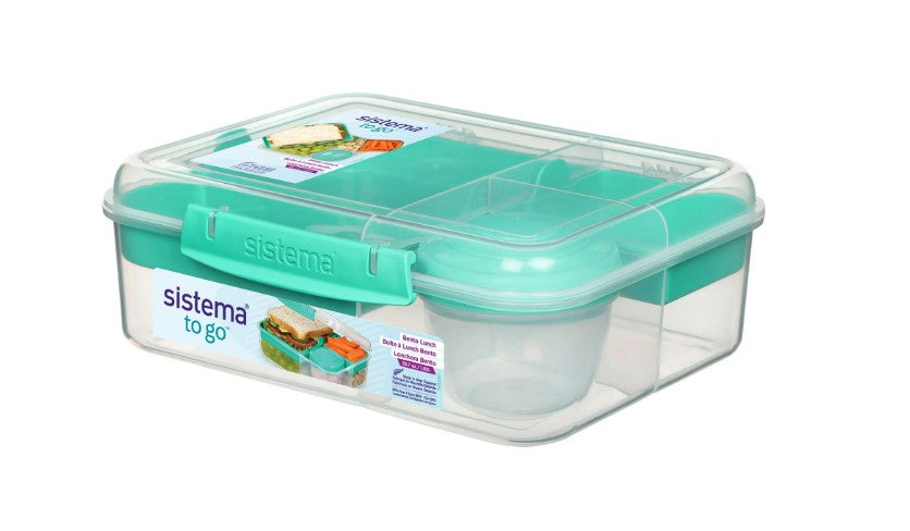 Flexile - Sistema To Go, 1.65L/6.9 Cups, 1 Pack, Plastic Rectangular Bento Lunch with Yogurt Pot, Teal