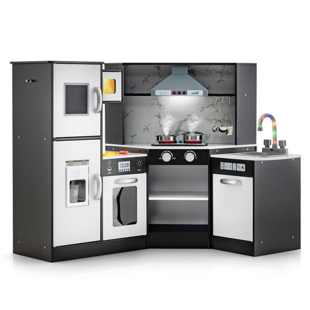 inQ Boutique - Interactive Kids Play Kitchen with Ice Maker & Chalkboard, Corner Design Pretend Cooking Set with Realistic Sound Effects-Coffee
