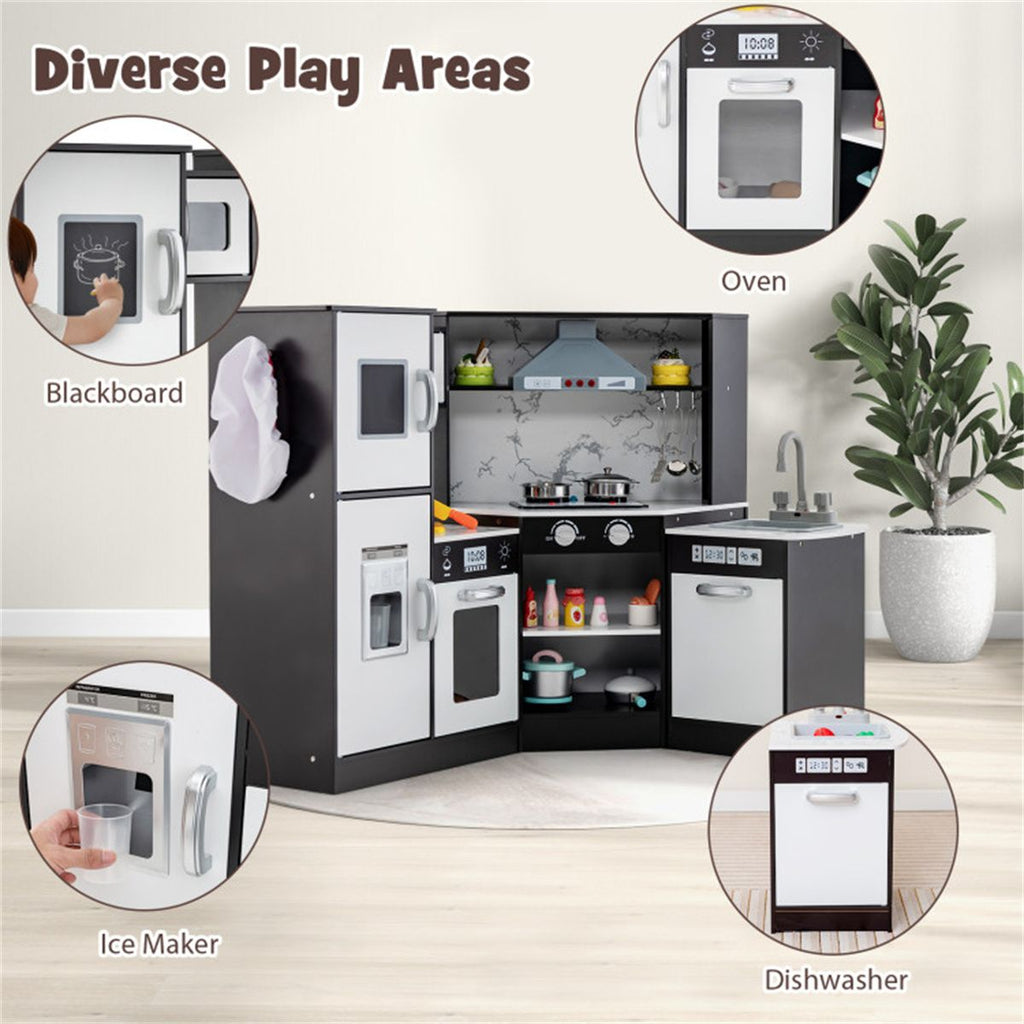inQ Boutique - Interactive Kids Play Kitchen with Ice Maker & Chalkboard, Corner Design Pretend Cooking Set with Realistic Sound Effects-Coffee