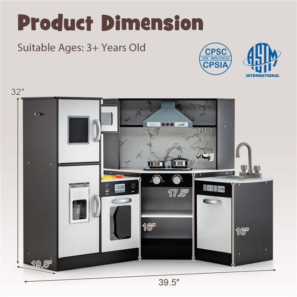 inQ Boutique - Interactive Kids Play Kitchen with Ice Maker & Chalkboard, Corner Design Pretend Cooking Set with Realistic Sound Effects-Coffee
