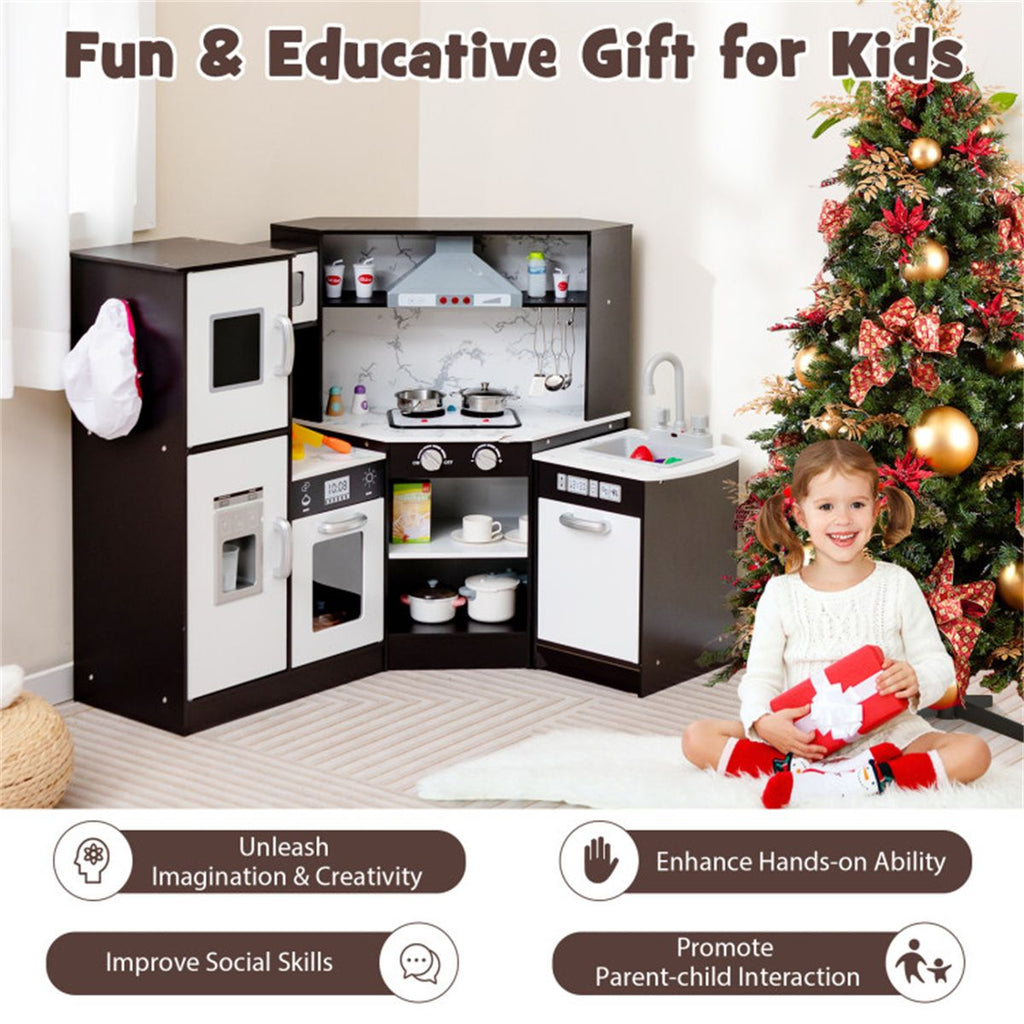 inQ Boutique - Interactive Kids Play Kitchen with Ice Maker & Chalkboard, Corner Design Pretend Cooking Set with Realistic Sound Effects-Coffee