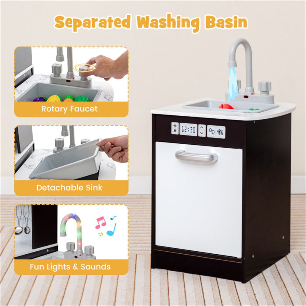 inQ Boutique - Interactive Kids Play Kitchen with Ice Maker & Chalkboard, Corner Design Pretend Cooking Set with Realistic Sound Effects-Coffee