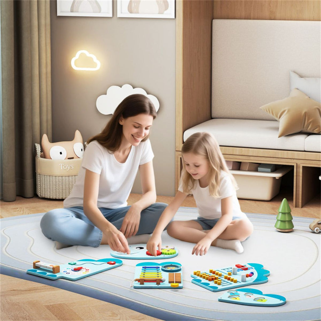 inQ Boutique - 11-in-1 Dinosaur Activity Wall Busy Board Panels-- Wooden Sensory Toy-Blue