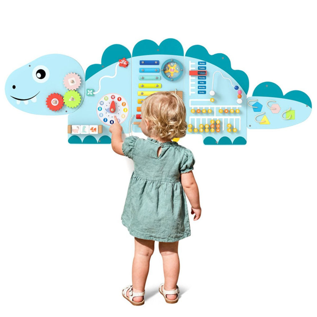 inQ Boutique - 11-in-1 Dinosaur Activity Wall Busy Board Panels-- Wooden Sensory Toy-Blue