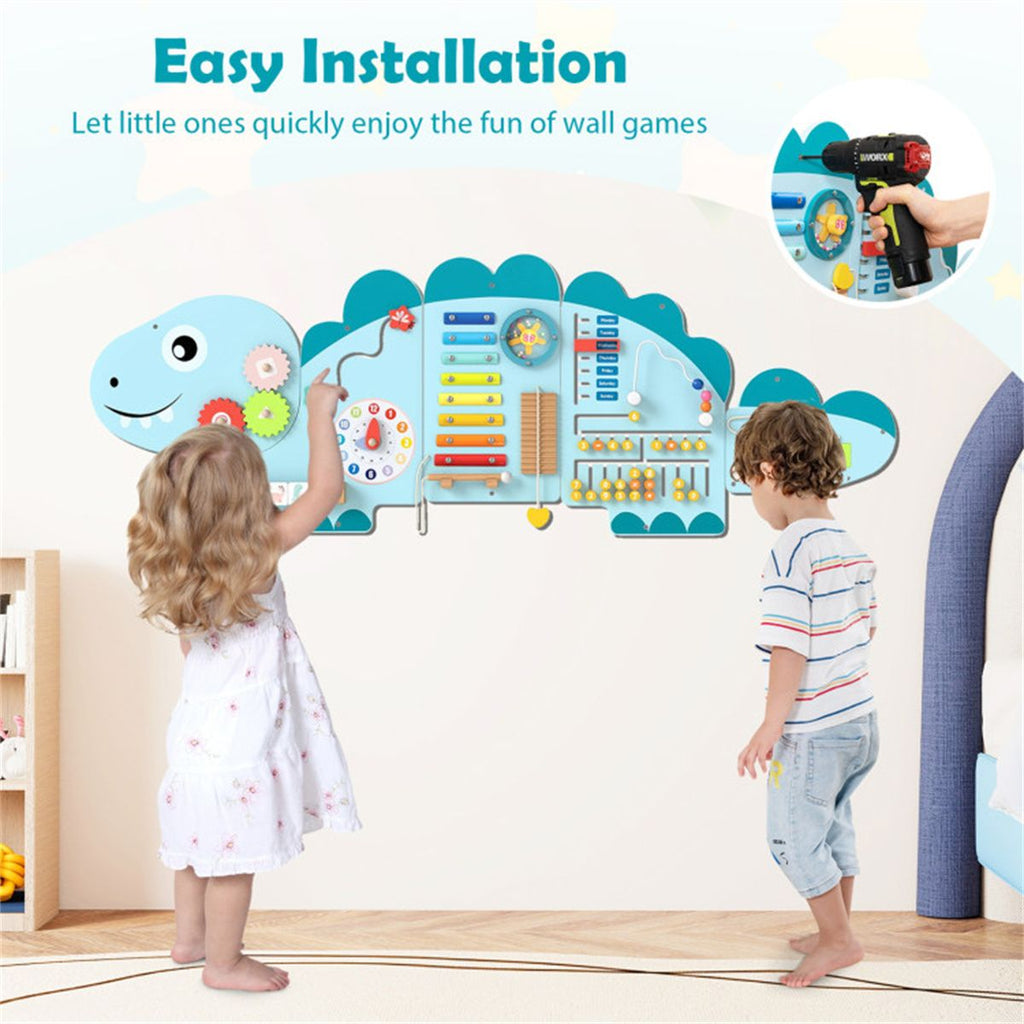 inQ Boutique - 11-in-1 Dinosaur Activity Wall Busy Board Panels-- Wooden Sensory Toy-Blue