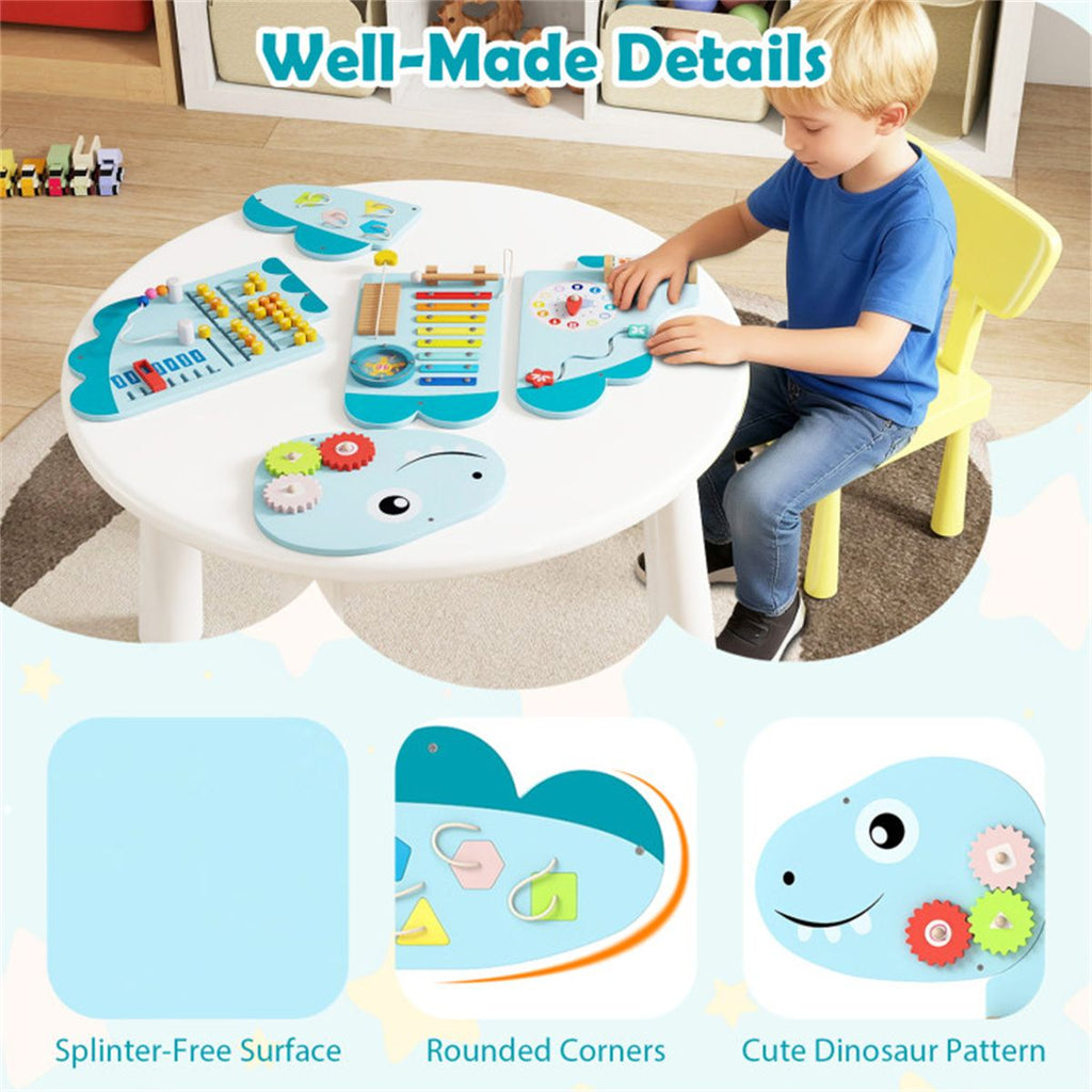 inQ Boutique - 11-in-1 Dinosaur Activity Wall Busy Board Panels-- Wooden Sensory Toy-Blue