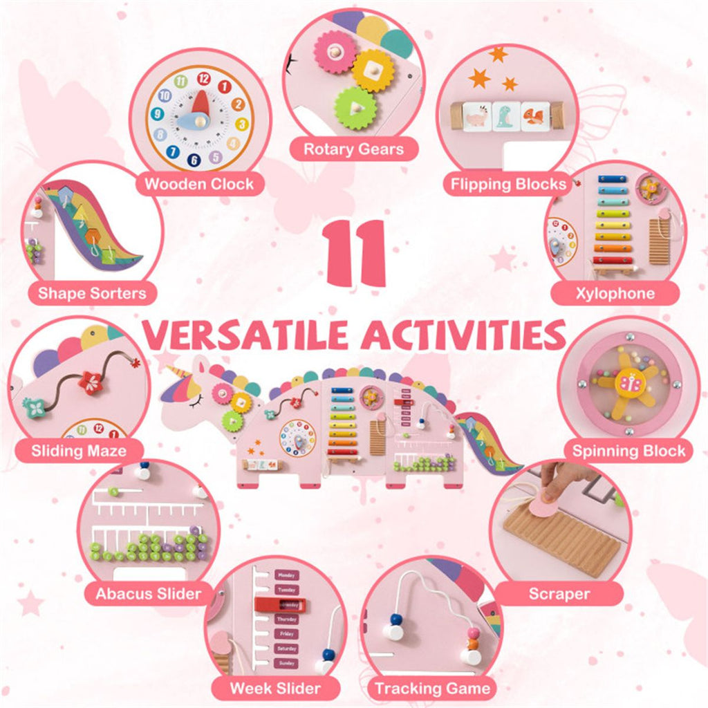inQ Boutique - 11-in-1 Dinosaur Activity Wall Busy Board Panels-- Wooden Sensory Toy-Pink