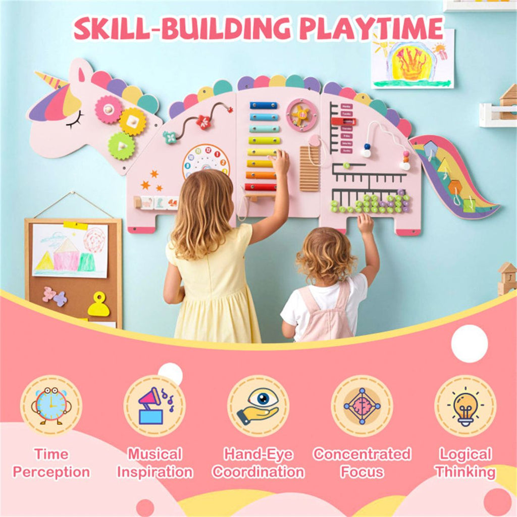 inQ Boutique - 11-in-1 Dinosaur Activity Wall Busy Board Panels-- Wooden Sensory Toy-Pink