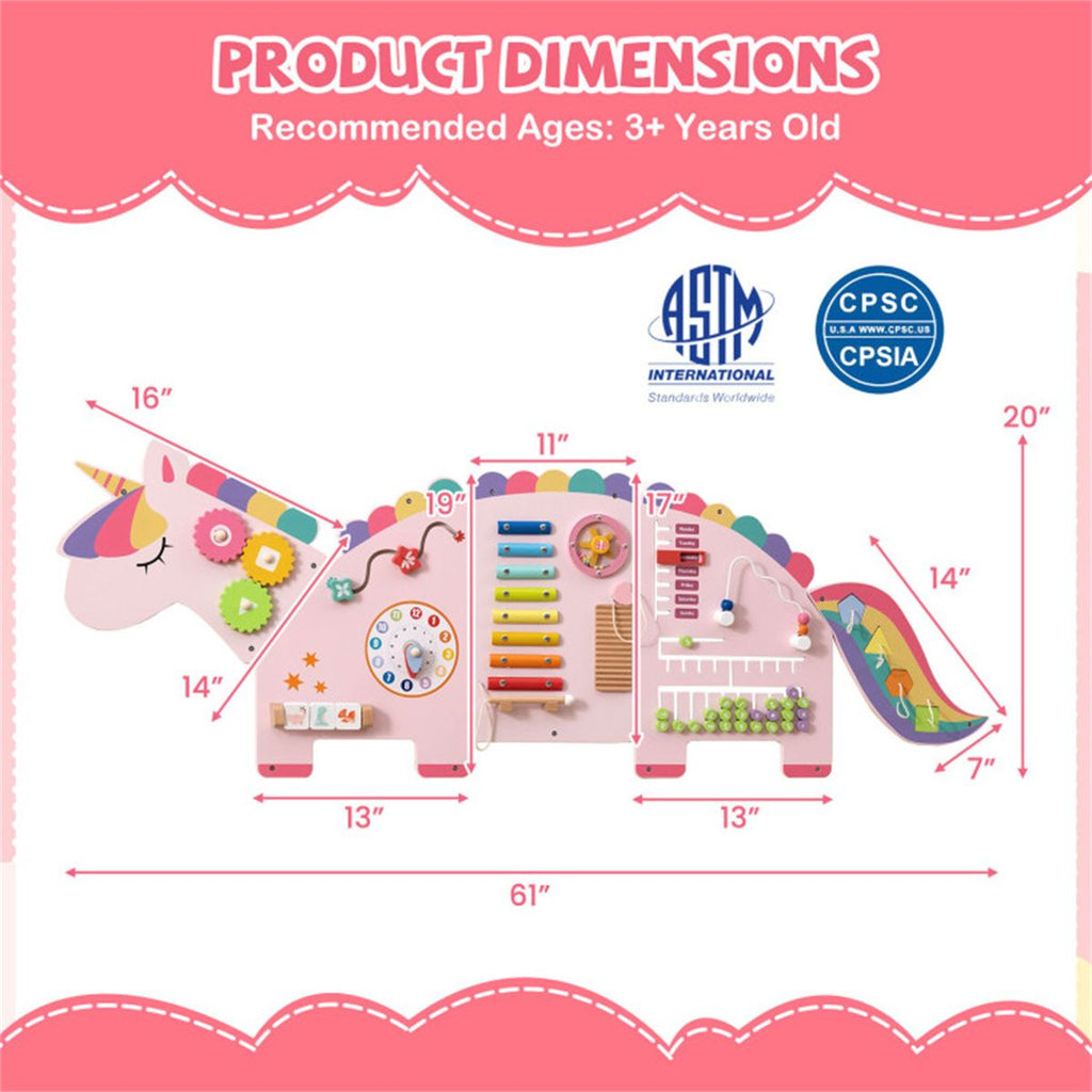 inQ Boutique - 11-in-1 Dinosaur Activity Wall Busy Board Panels-- Wooden Sensory Toy-Pink
