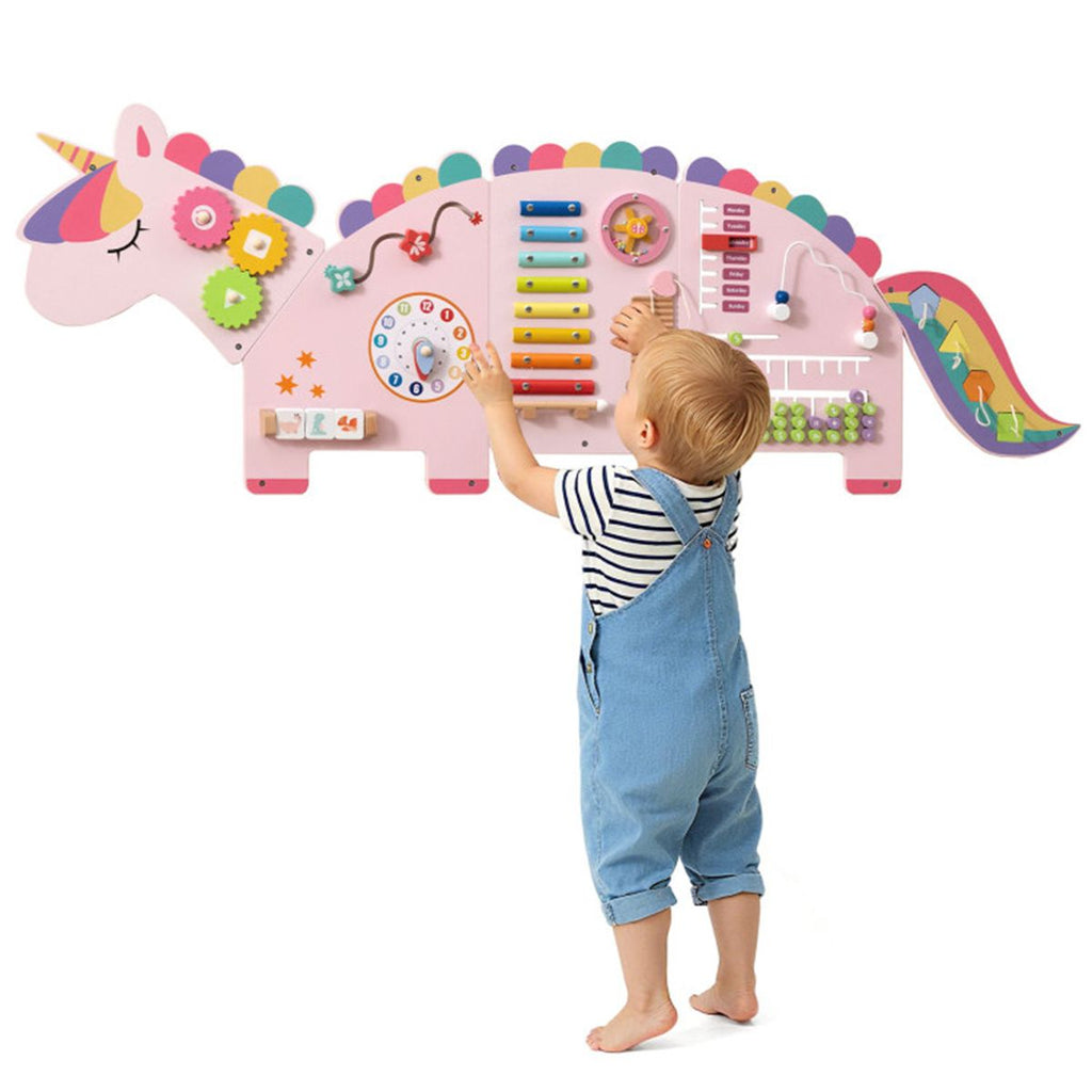 inQ Boutique - 11-in-1 Dinosaur Activity Wall Busy Board Panels-- Wooden Sensory Toy-Pink