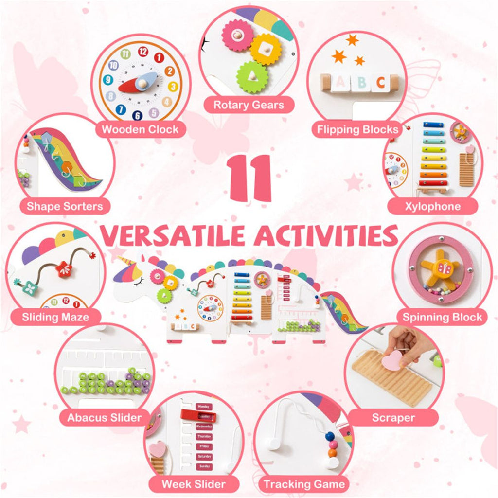inQ Boutique - 11-in-1 Dinosaur Activity Wall Busy Board Panels-- Wooden Sensory Toy-White