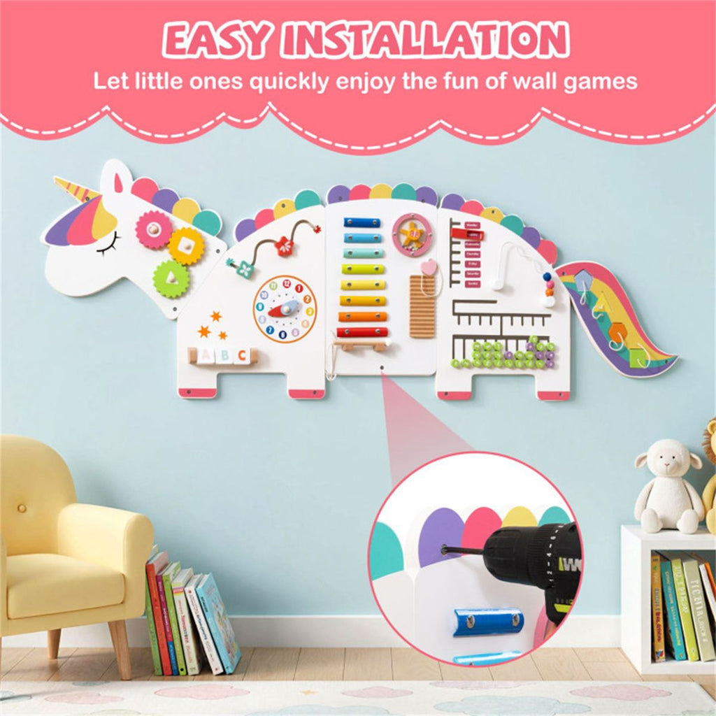 inQ Boutique - 11-in-1 Dinosaur Activity Wall Busy Board Panels-- Wooden Sensory Toy-White
