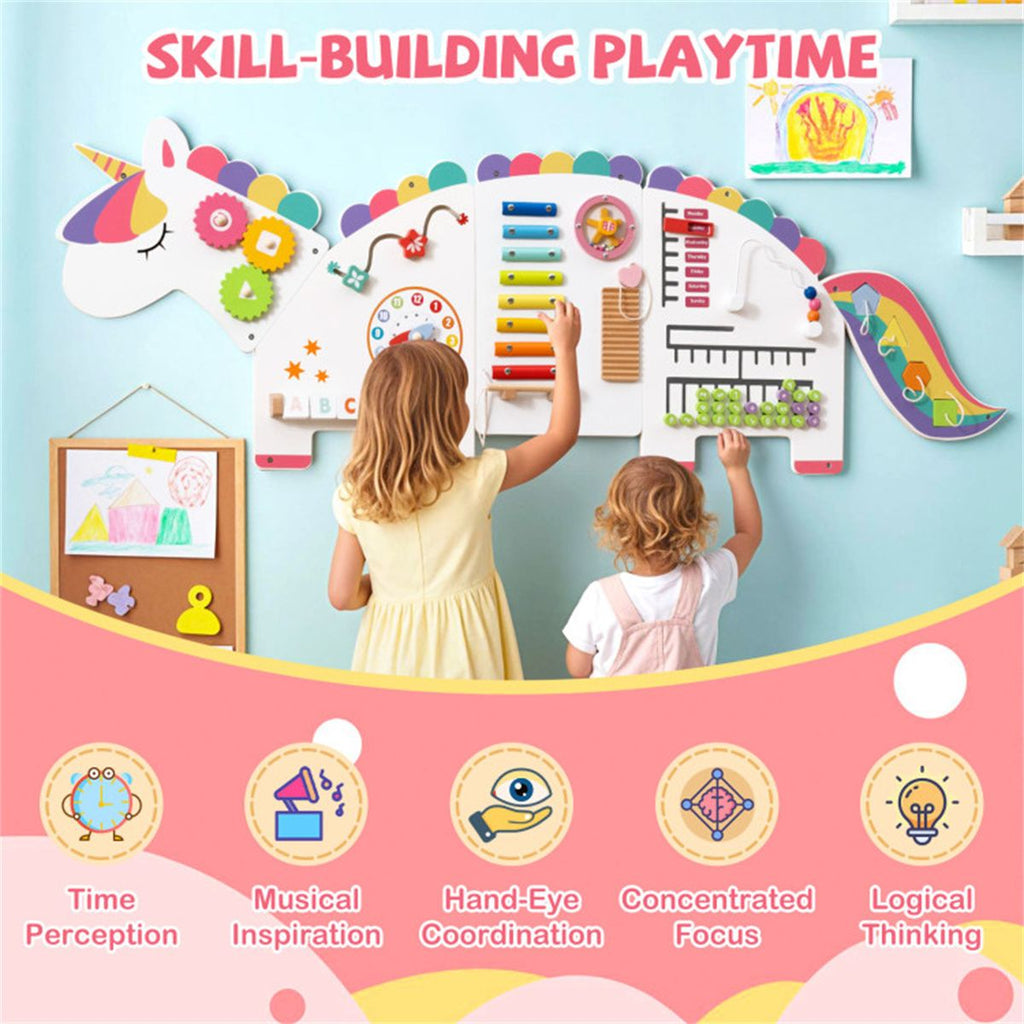 inQ Boutique - 11-in-1 Dinosaur Activity Wall Busy Board Panels-- Wooden Sensory Toy-White