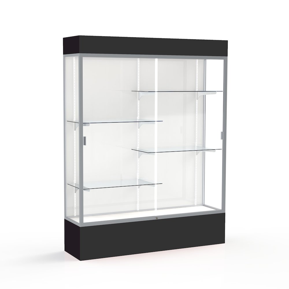 Spirit  60''W x 80''H x 16''D  Lighted Floor Case, White Back, Satin Finish, Black Base and Top - Waddell