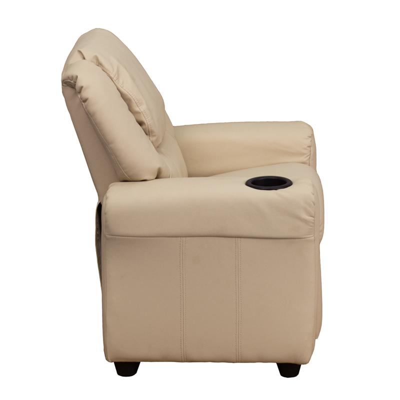 Contemporary Beige Vinyl Kids Recliner with Cup Holder and Headrest - Flash Furniture