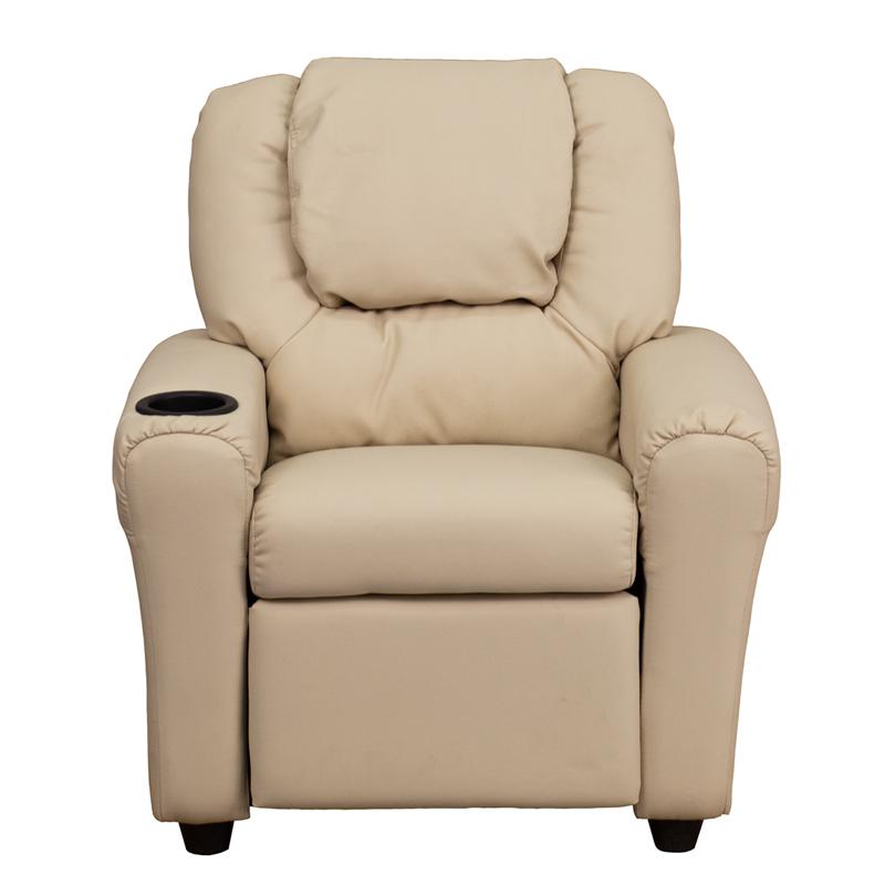 Contemporary Beige Vinyl Kids Recliner with Cup Holder and Headrest - Flash Furniture