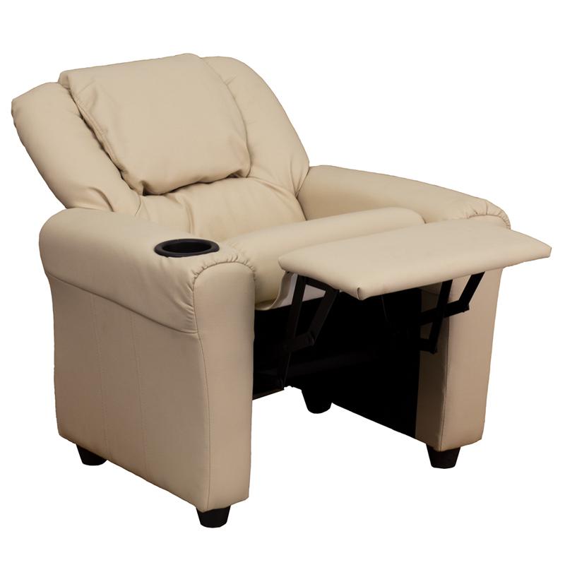 Contemporary Beige Vinyl Kids Recliner with Cup Holder and Headrest - Flash Furniture