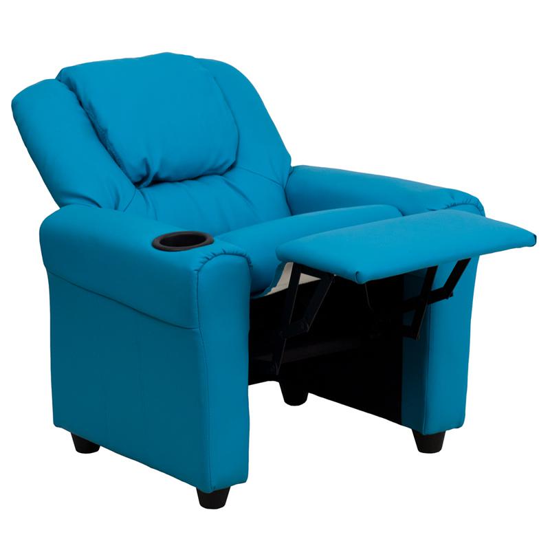 Contemporary Turquoise Vinyl Kids Recliner with Cup Holder and Headrest - Flash Furniture