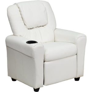 Contemporary White Vinyl Kids Recliner with Cup Holder and Headrest - Flash Furniture