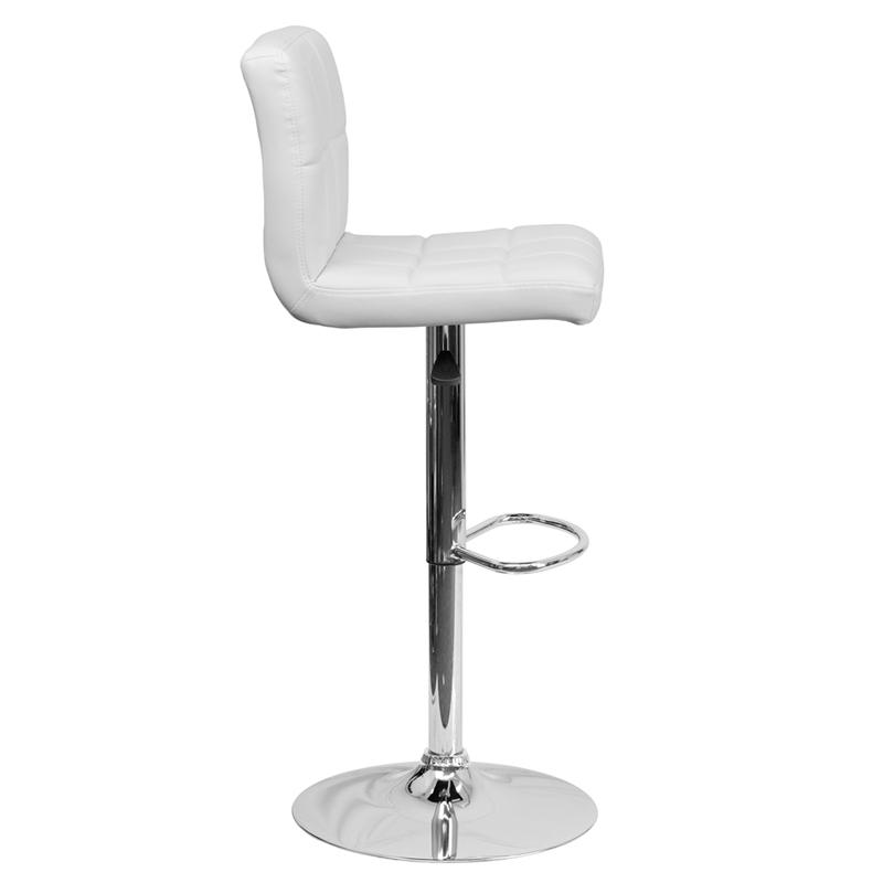 Contemporary White Quilted Vinyl Adjustable Height Barstool with Chrome Base - Flash Furniture