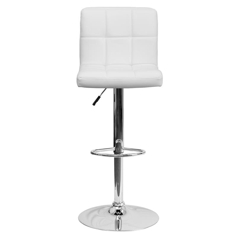 Contemporary White Quilted Vinyl Adjustable Height Barstool with Chrome Base - Flash Furniture