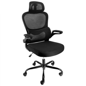 Elama  High Back Adjustable Mesh and Fabric Office Chair in Black on Black with Metal Base and Adjustable Head Rest