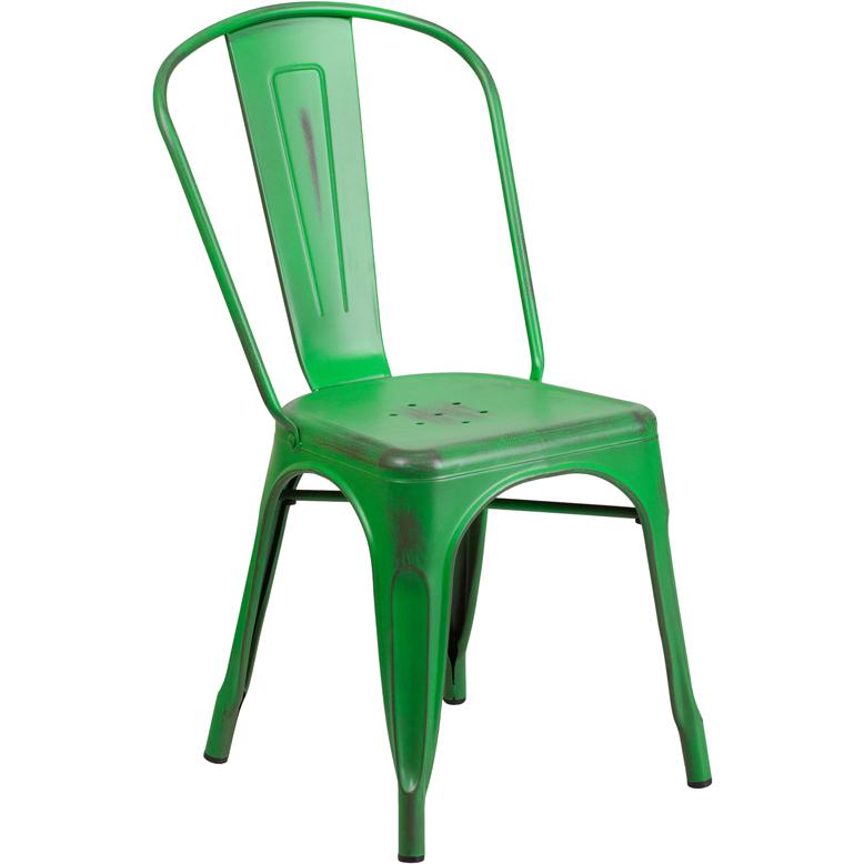 Commercial Grade Distressed Green Metal Indoor-Outdoor Stackable Chair - Flash Furniture