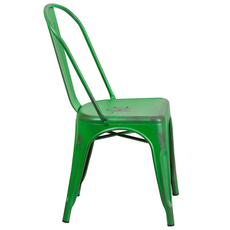 Commercial Grade Distressed Green Metal Indoor-Outdoor Stackable Chair - Flash Furniture