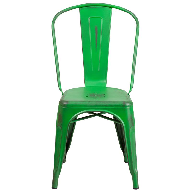 Commercial Grade Distressed Green Metal Indoor-Outdoor Stackable Chair - Flash Furniture
