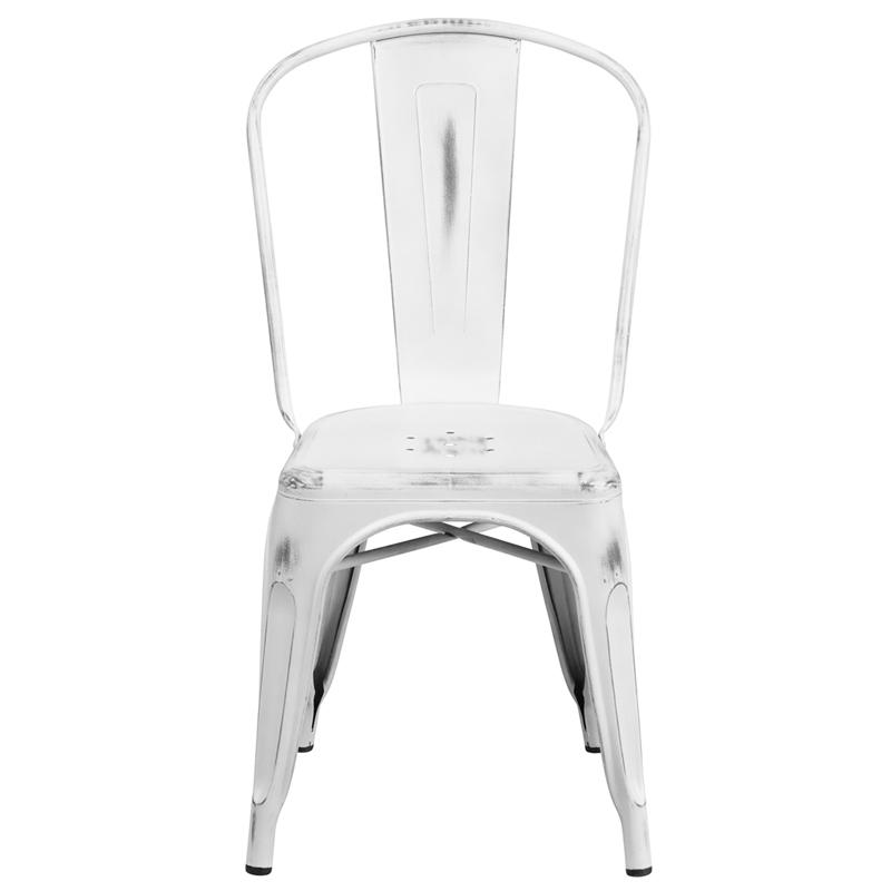 Commercial Grade Distressed White Metal Indoor-Outdoor Stackable Chair - Flash Furniture