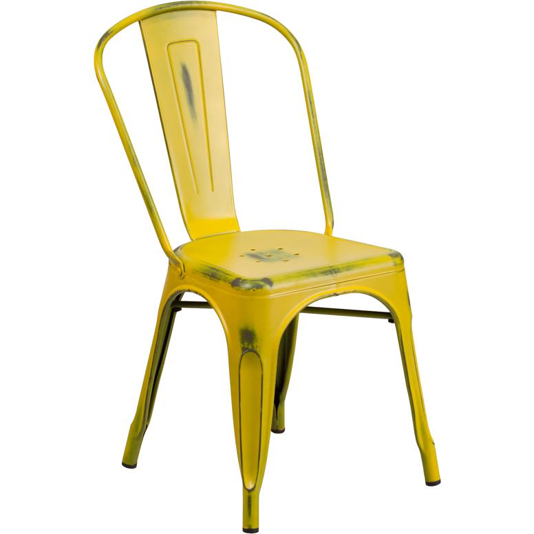 Commercial Grade Distressed Yellow Metal Indoor-Outdoor Stackable Chair - Flash Furniture