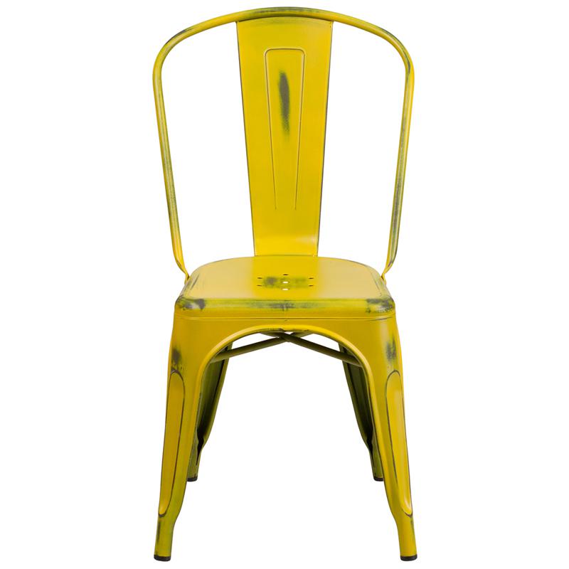 Commercial Grade Distressed Yellow Metal Indoor-Outdoor Stackable Chair - Flash Furniture