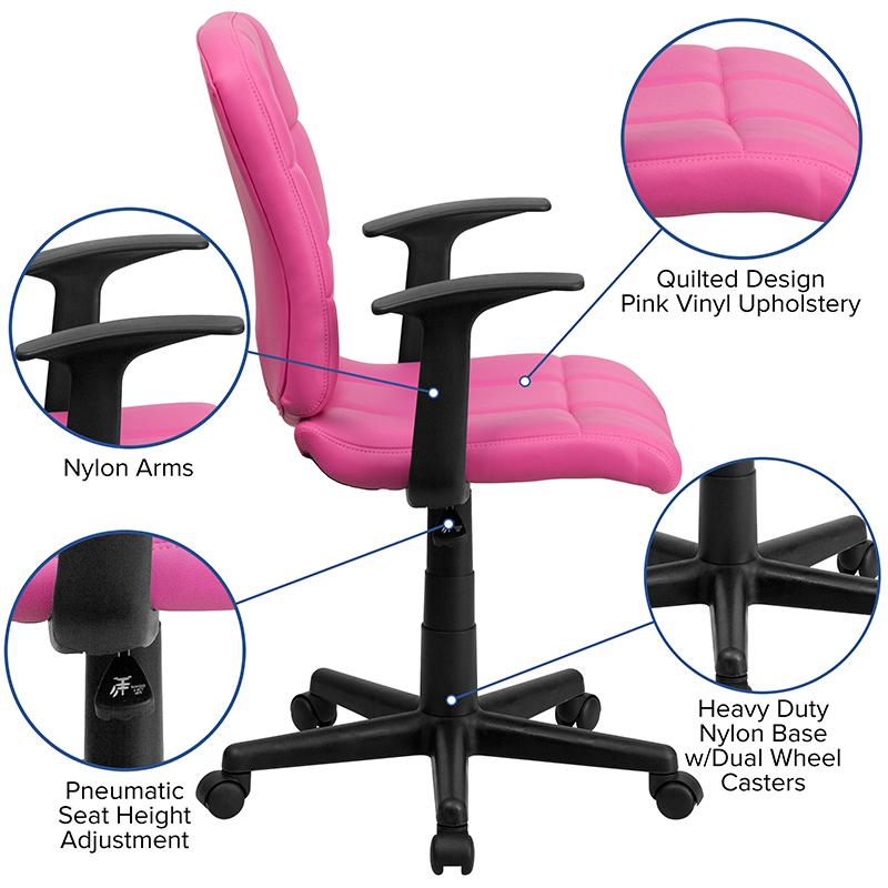 Mid-Back Pink Quilted Vinyl Swivel Task Office Chair with Arms - Flash Furniture