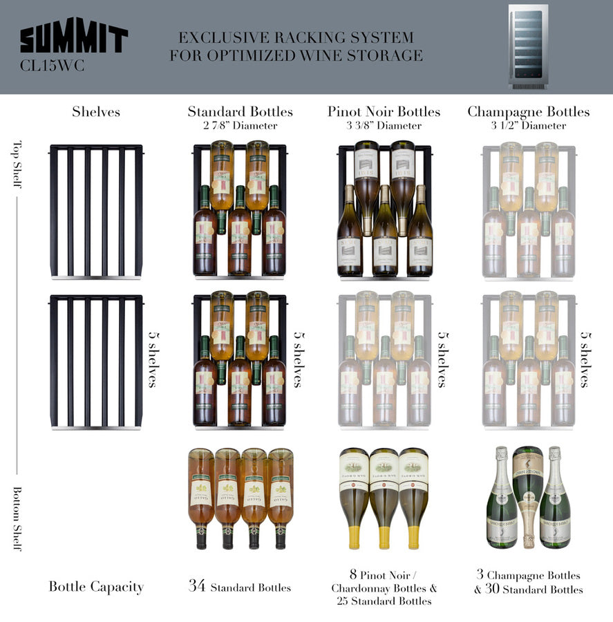 15'' Wide Built-In Wine Cellar With Seamless Stainless Steel Trimmed Low-E Glass Door And Stainless Steel Wrapped Cabinet - CL15WCCSS Summit Classic