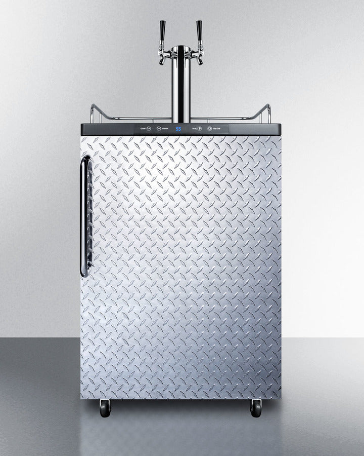 Freestanding  Dual Tap Beer Dispenser, Auto Defrost With Digital Thermostat, Diamond Plate Wrapped Door Finish, And Towel Bar Handle - SBC635MDPLTWIN Summit