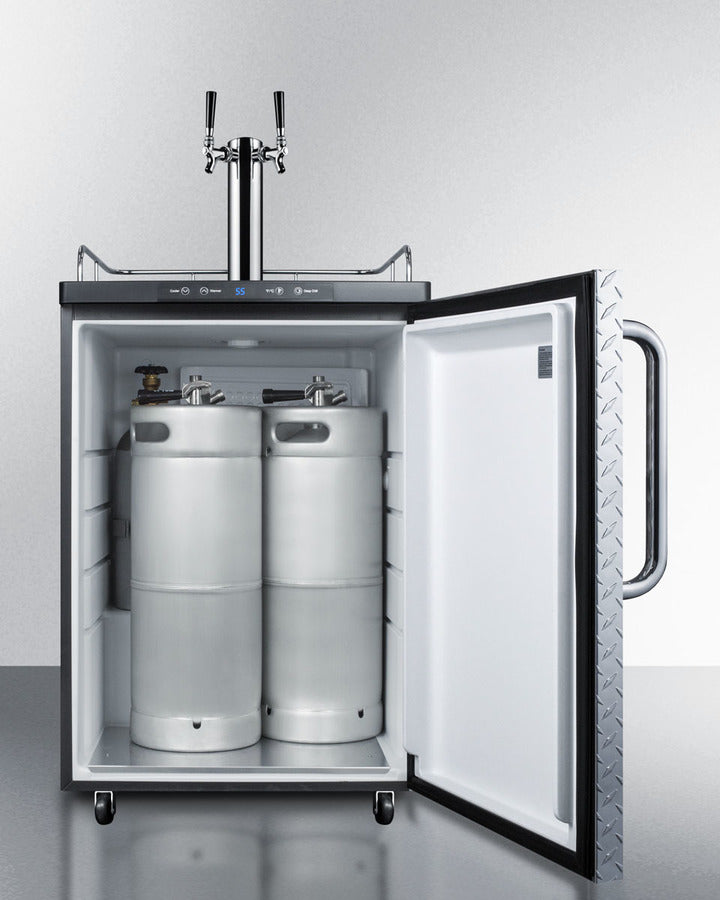 Freestanding  Dual Tap Beer Dispenser, Auto Defrost With Digital Thermostat, Diamond Plate Wrapped Door Finish, And Towel Bar Handle - SBC635MDPLTWIN Summit