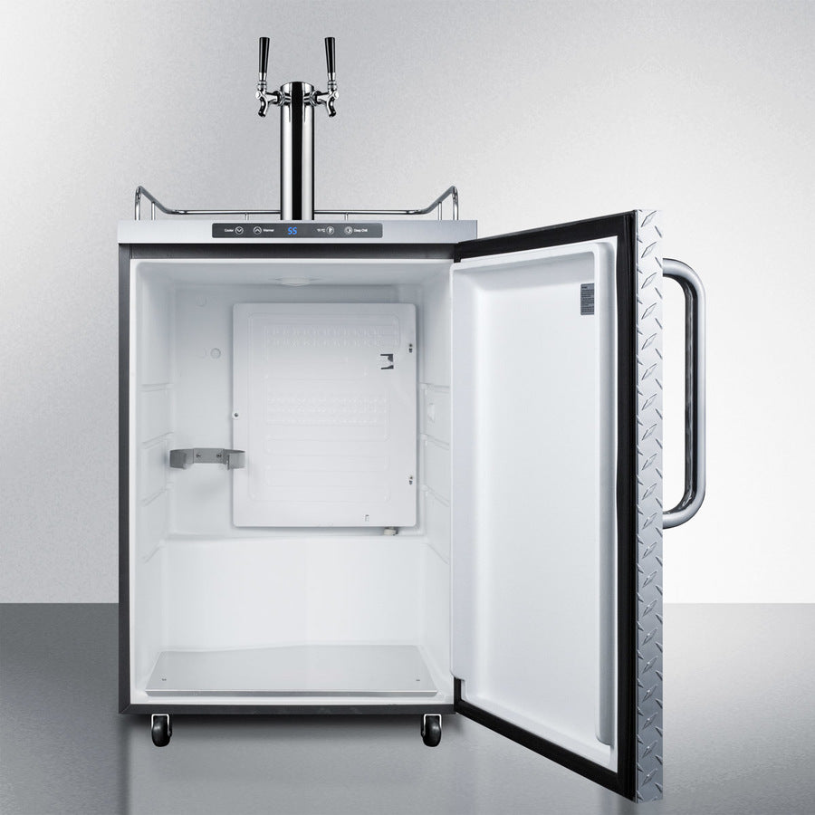 Freestanding  Outdoor Beer Dispenser, Auto Defrost With Digital Thermostat, Stainless Steel Wrapped Cabinet, Diamond Plate Door, Towel Bar Handle, And Dual Tap System - SBC635MOSDPLTWIN Summit