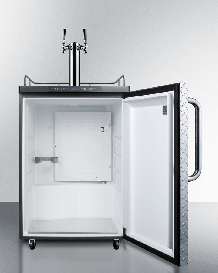 Freestanding  Dual Tap Beer Dispenser, Auto Defrost With Digital Thermostat, Diamond Plate Wrapped Door Finish, And Towel Bar Handle - SBC635MDPLTWIN Summit