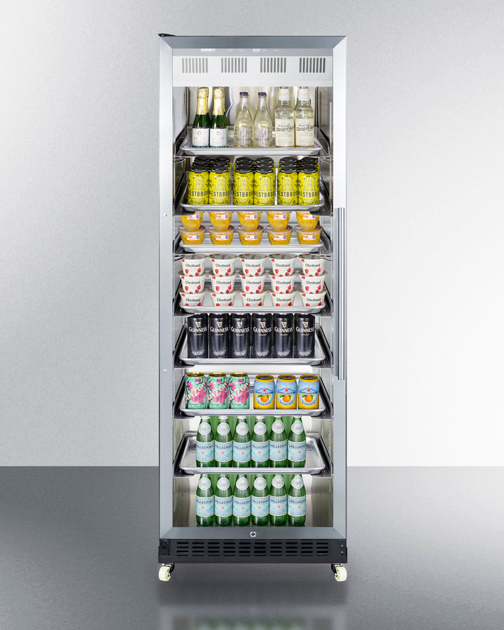24'' Wide Upright Mini Reach-In Beverage Center With Stainless Steel Interior And Exterior Cabinet, Glass Door With A Left Hand Swing, And Dolly - SCR1401LHRICSS Summit Commercial