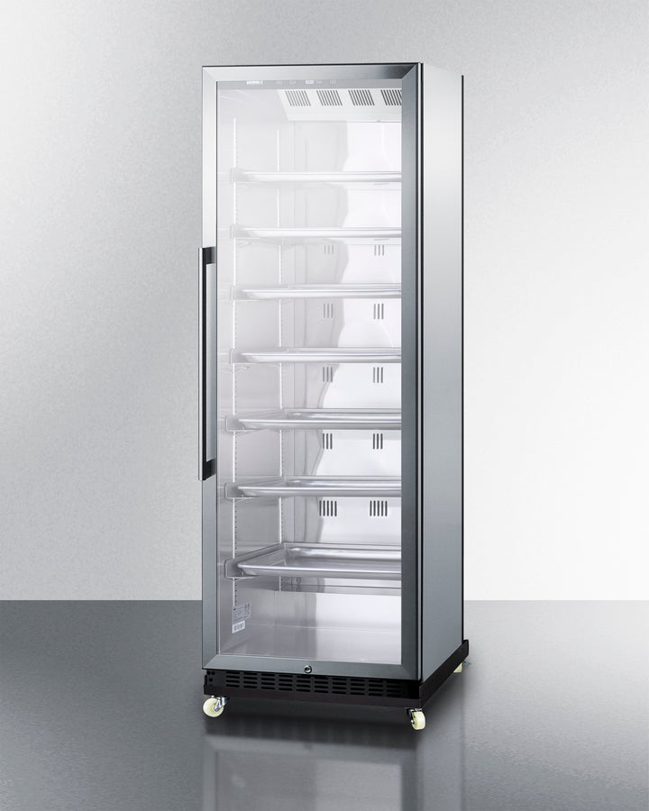 24'' Wide Upright Mini Reach-In Beverage Center With Stainless Steel Interior And Exterior Cabinet, Glass Door, And Dolly - SCR1401RICSS Summit Commercial