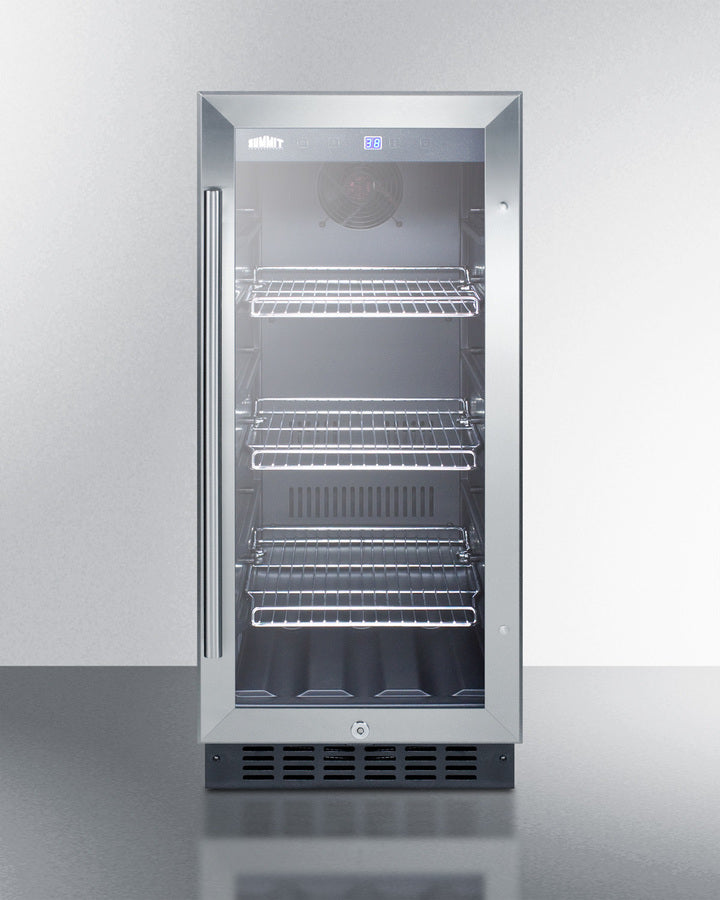 15'' Wide Built-In Undercounter Glass Door Beverage Cooler For Home Or Commercial Use, With Digital Controls, Lock, LED Light, And Black Cabinet - SCR1536BG Summit