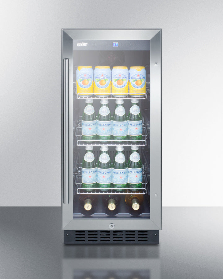 15'' Wide Built-In Undercounter Glass Door Beverage Cooler For Home Or Commercial Use, With Digital Controls, Lock, LED Light, And Stainless Steel Cabinet - SCR1536BGCSS Summit