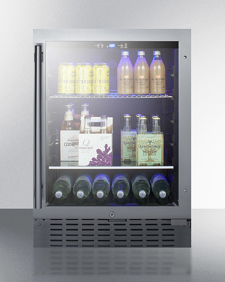 Built-In Undercounter Beverage Refrigerator With Seamless Trimmed Glass Door, Digital Controls, Lock, And Black Cabinet - SCR2466B Summit