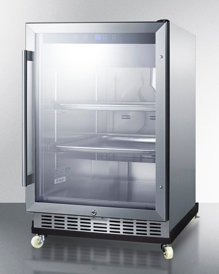 Commercial Outdoor Mini Reach-In Beverage Center With Glass Door, Stainless Steel Cabinet, And Dolly - SCR611GLOSRI Summit Commercial