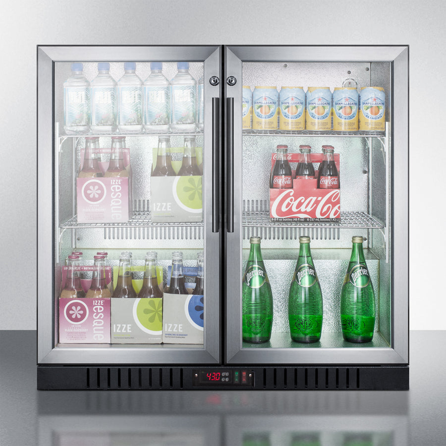 Commercial Back Bar Beverage Center For Freestanding Use, With Self-Closing French Doors And Stainless Steel Wrapped Cabinet - SCR7012DBCSS Summit Commercial