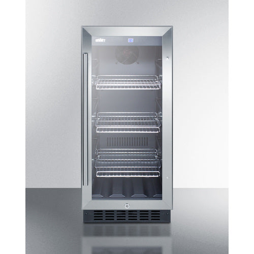 15'' Wide Built-In Undercounter Glass Door Beverage Cooler For Home Or Commercial Use, With Digital Controls, Lock, LED Light, And Black Cabinet - SCR1536BG Summit