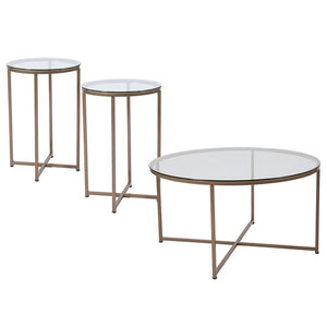 Coffee and End Table Set - Clear Glass Top with Brushed Gold Frame - 3 Piece - Flash Furniture