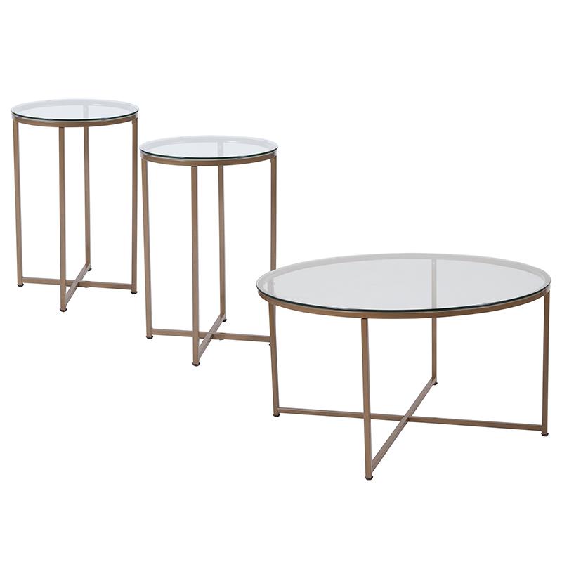 Coffee and End Table Set - Clear Glass Top with Brushed Gold Frame - 3 Piece - Flash Furniture