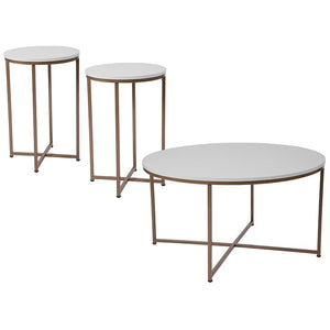 Coffee and End Table Set - White Top with Brushed Gold Crisscross Frame, 3 Piece - Flash Furniture